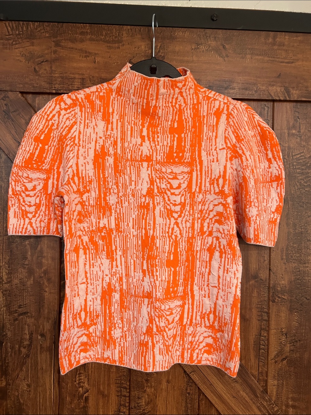 Maeve Orange and White Patterned Short-Sleeve Mock Neck Top